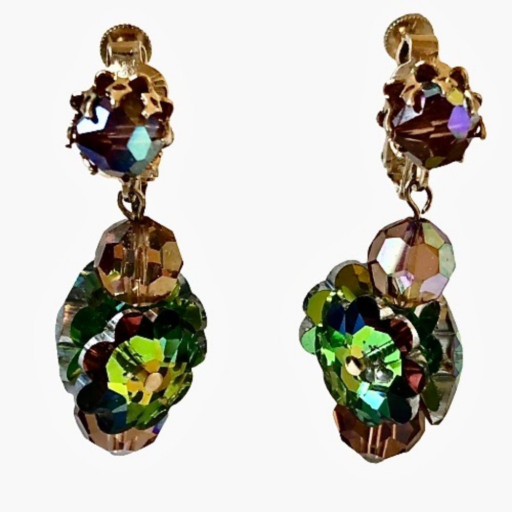 VENDOME Vintage Earrings Faceted Crystal & Rhinestone Signed Screw Back
